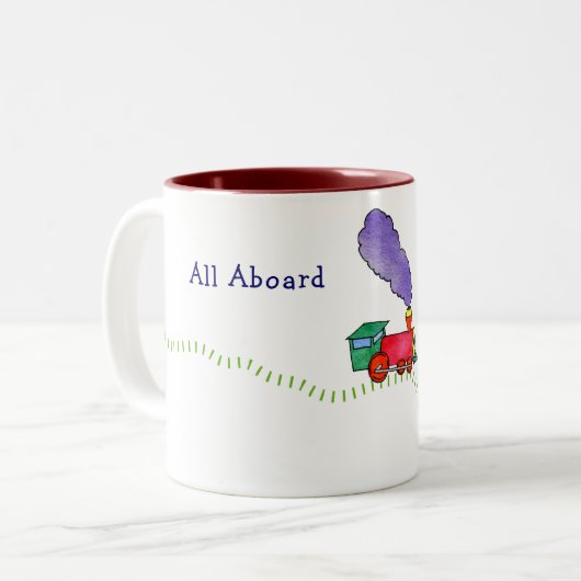 All Aboard Choo Choo Train Tweekleurige Koffiemok (Voorkant links)
