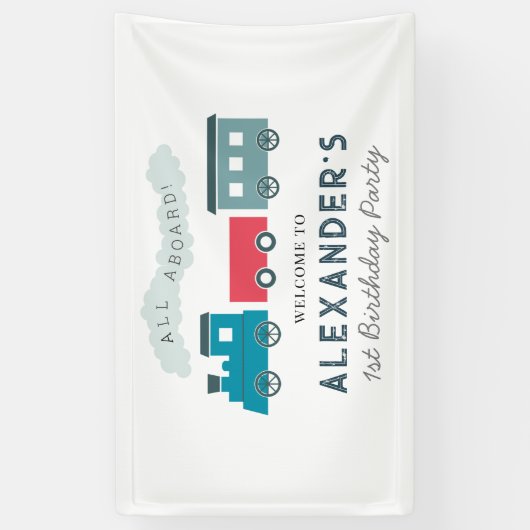 All Aboard Steam Train Blue Boy Birthday Spandoek (Verticaal)