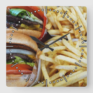 All American Burgers/Fries Time Square Wandklok Vierkante Klok