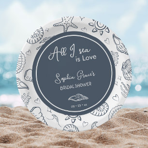 All I Sea is Love Navy Blue Schelpen Doodles  Papieren Bordje
