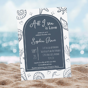 All I Sea is Love Navy Blue Seashells Doodles Kaart