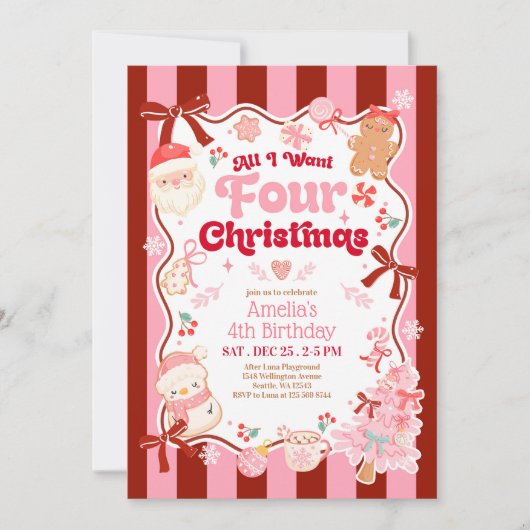 All I Want Christmas 4th Birthday Invitation (Devant)