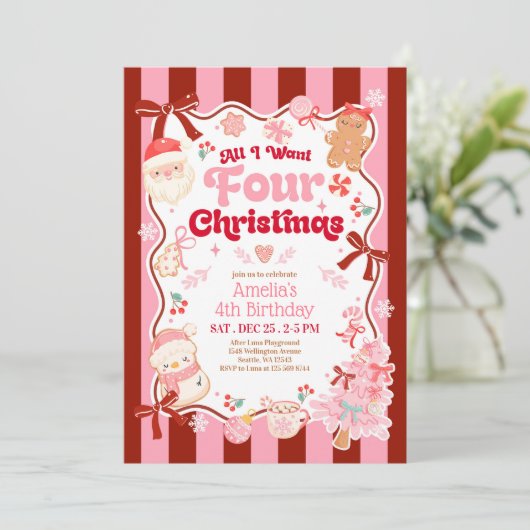All I Want Christmas 4th Birthday Invitation Kaart (Staand voorkant)