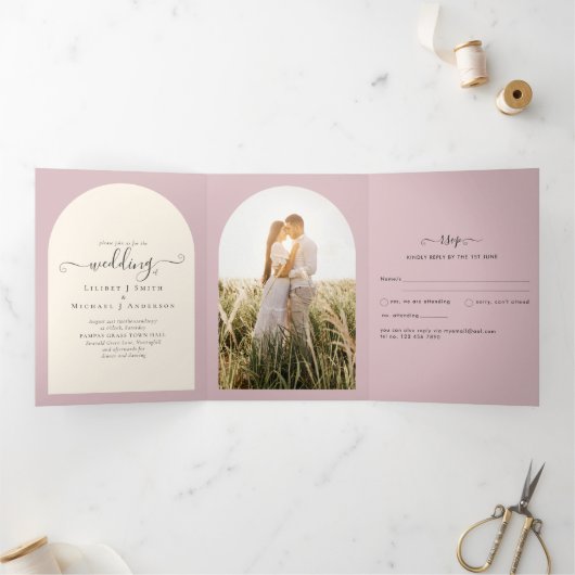 All-in-1 Dusty Roos Wedding RSVP Program PHOTO Drieluik Uitnodiging (Binnen)