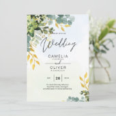 All-in-1 Greenery Gold Eucalyptus Leaves Wedding Kaart (Staand voorkant)