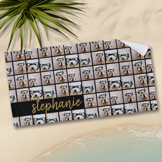 All-in-6 Photo Collage Black & Gold Script Name Strandlaken