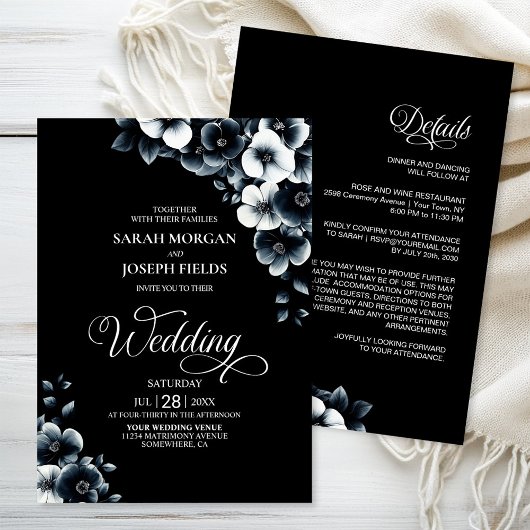 All in One Black and White Floral Wedding Kaart