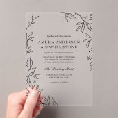 All in One Black Minimal Leaf Wedding Acryl Uitnodigingen (Insitu (Draagbaar))