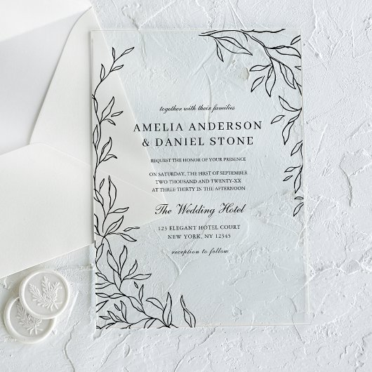 All in One Black Minimal Leaf Wedding Acryl Uitnodigingen