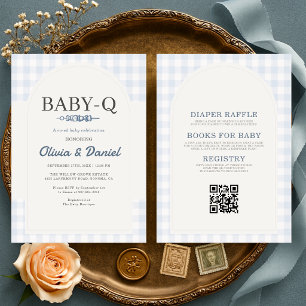 All in One Blauwe Gingham BBQ Baby-Q Baby Shower Kaart