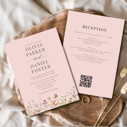 All in One Blush Roze QR Code Wilde Bloem Bruiloft Kaart