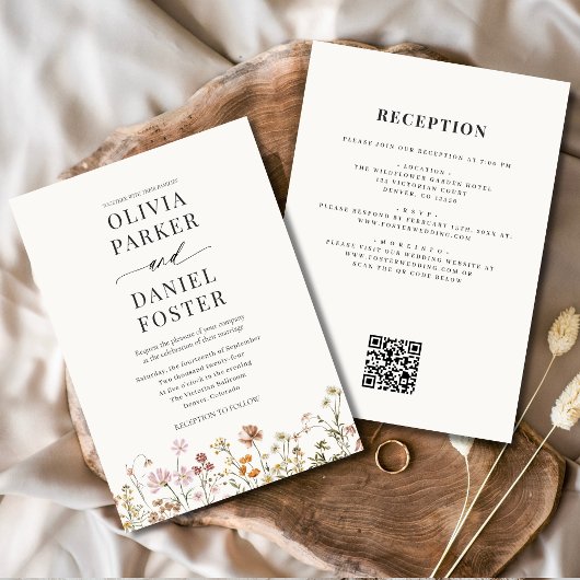 All in One Boho Wildflower QR Code Wedding Kaart
