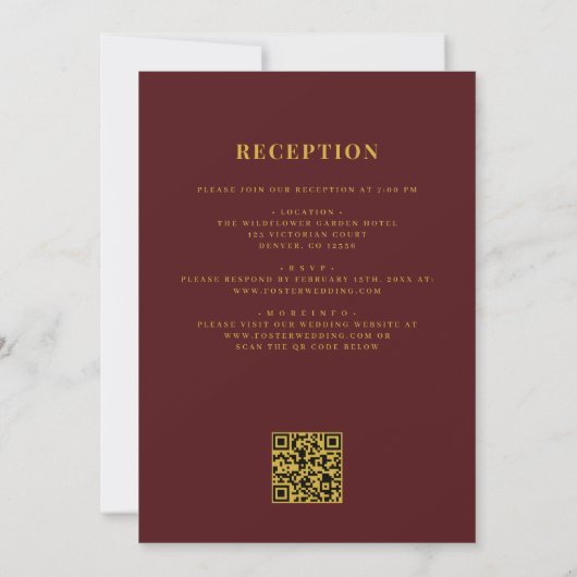 All in One Burgundy Gold QR Code Wedding Kaart (Achterkant)