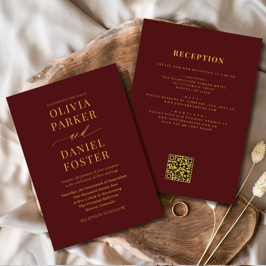 All in One Burgundy Gold QR Code Wedding Kaart