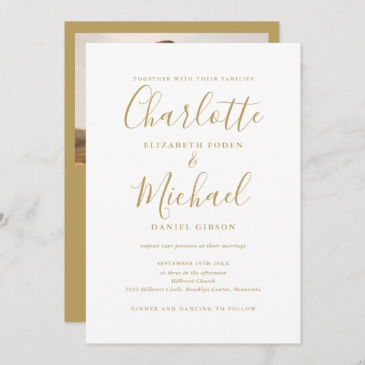 All In One Chic Gouden Script Foto Bruiloft Kaart (Voorkant / Achterkant)