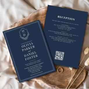 All in One Crest Navy Blue QR Code Wedding Kaart