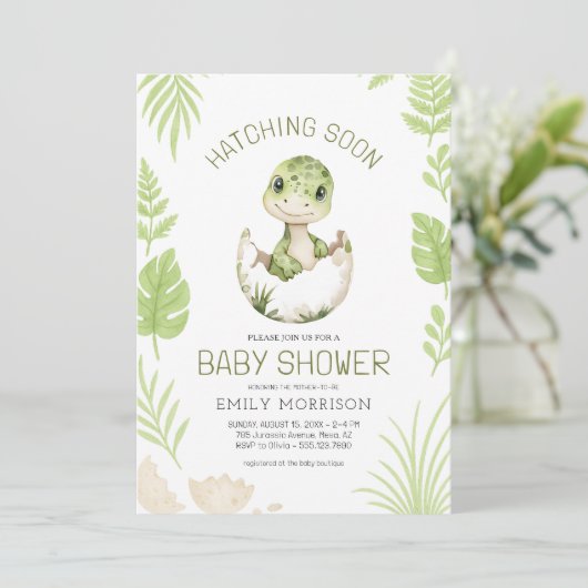 All in One Dinosaur Hatching Soon Baby shower Kaart (Staand voorkant)