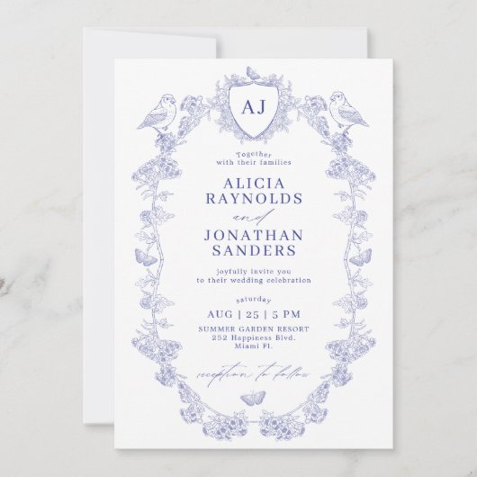 All in one dusty blue French floral wedding Kaart (Voorkant)
