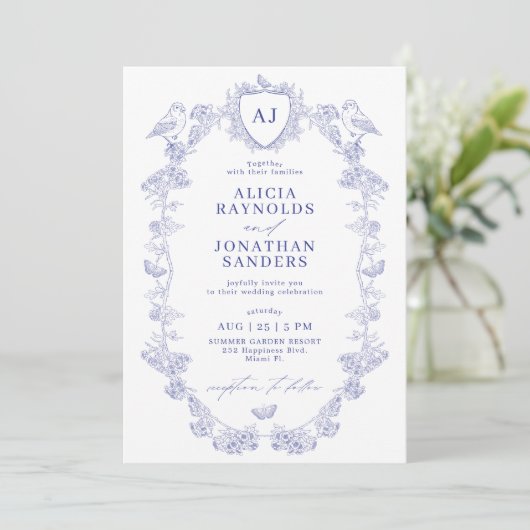 All in one dusty blue French floral wedding Kaart (Staand voorkant)