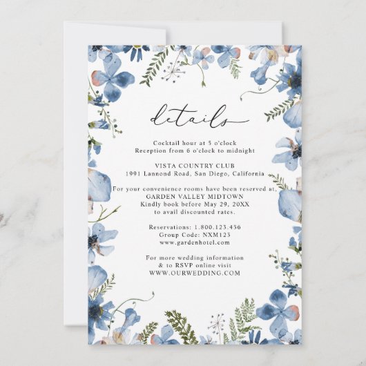 All-in-one Dusty Blue Wildflower Wedding Kaart (Achterkant)