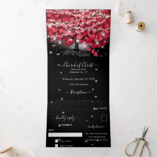All In One Elegante Rode & Roze Hart Blad Bruiloft Drieluik Uitnodiging