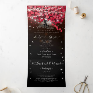 All In One Elegante Rode & Roze Hartblad Bruiloft Drieluik Uitnodiging