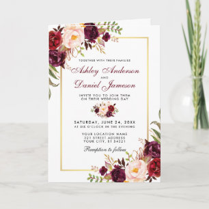 All-in-One Floral Burgundy Weduwfoto Uitnodigen Kaart