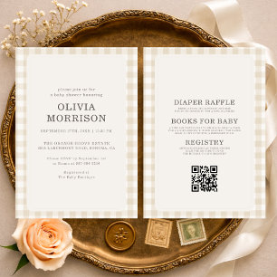 All in One Gingham Beige Baby Shower Kaart
