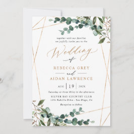 All-In-One Greenery Gold Geometric QR Code Wedding Kaart