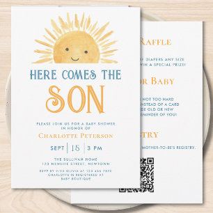All in One Hier Komt de Zoon Baby Boy Shower Kaart