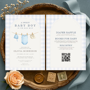 All-in-One Jongensklerenlijn Gingham Baby Shower Kaart