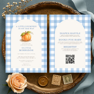All in One Kleine Pompoen Blauw Gingham Baby Showe Kaart