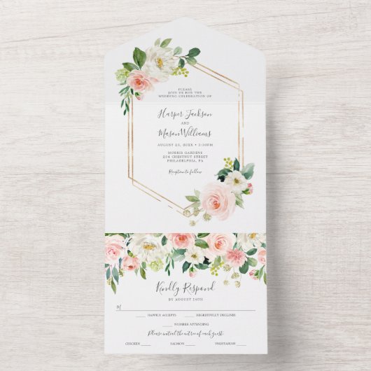 All in One Luchtige Blush Gouden Trouw Uitnodiging (Binnen)