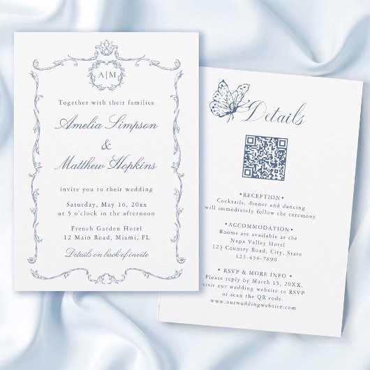All in One Modern Classic French Wedding Blue Kaart