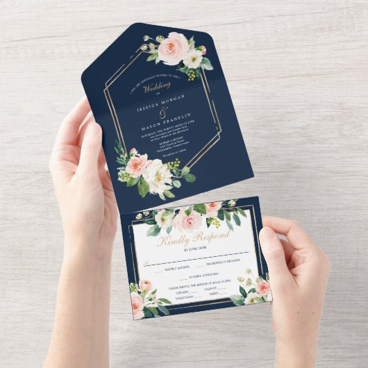 All in One Navy Blue Gold Blush Wedding Invitation (Déchirure)
