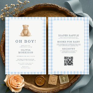 All in One Oh Boy Teddybeer Gingham Baby Shower Kaart