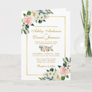 All-in-One Pink White Floral Wedding Photo Uitnodi Kaart