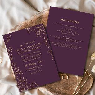 All in One Plum Paarse Gold Minimal Leaf Wedding Kaart
