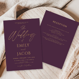 All in One Plum Paarse Gold Wedding Script Kaart