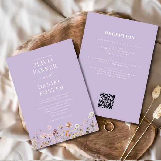 All in One Purple Wildflower QR Code Wedding Kaart