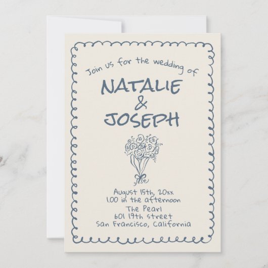 All In One Retro Navy blue Hand Drawn Wedding Kaart (Voorkant)