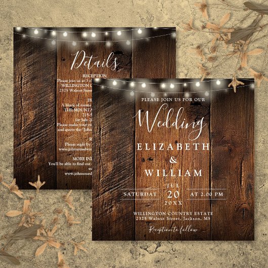 All In One Rustic Barn Wood String Lights Wedding Kaart