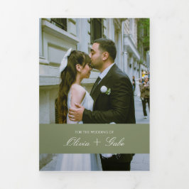 All in One Sage Green French Floral w QR Wedding Drieluik Uitnodiging