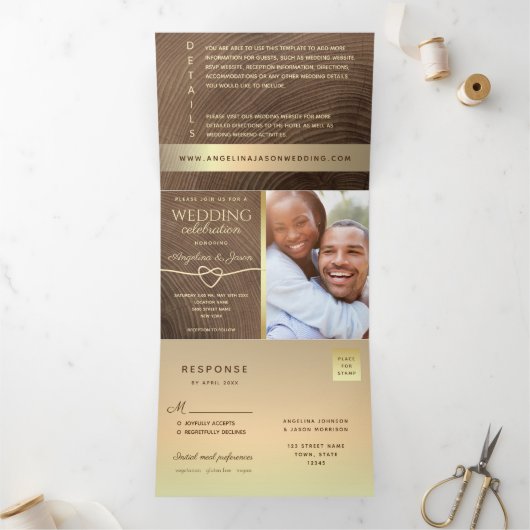 All-in-One Wood Photo Wedding Drieluik Uitnodiging (Binnen)