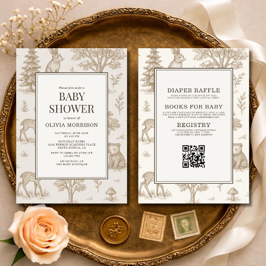 All in One Woodland Animals QR Code Baby Shower Kaart