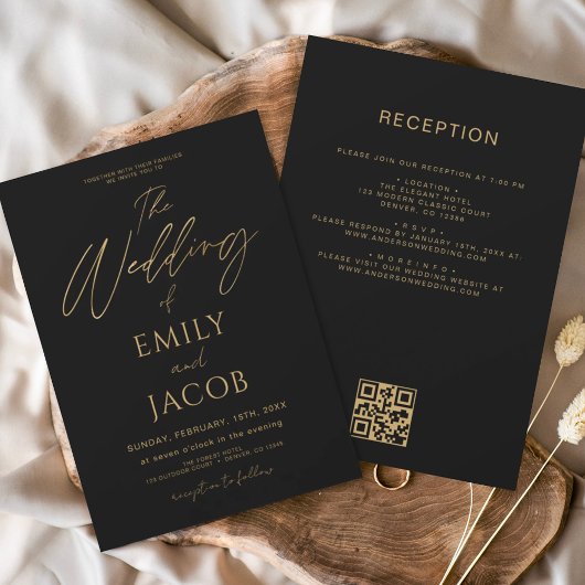 All in One Zwart Goud Bruiloft QR Code Script Kaart