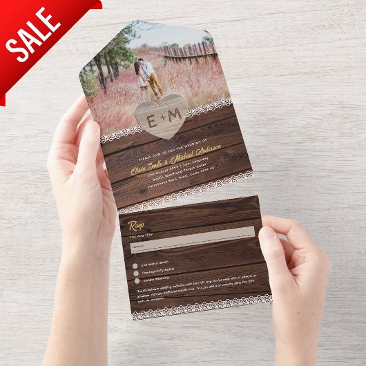 All-inclusief Rustic Wood Lace Foto Afscheur RSVP All In One Uitnodiging