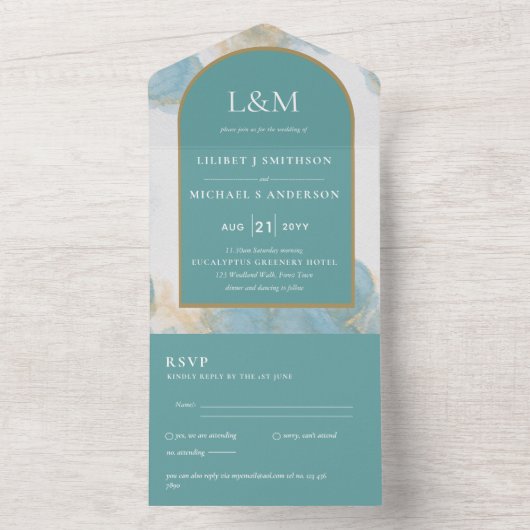 All Inclusive Blauwgroen Turquoise bruiloft RSVP All In One Uitnodiging (Binnen)