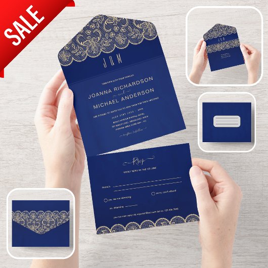 All Inclusive Blue Gold Lace bruiloft met RSVP All In One Uitnodiging