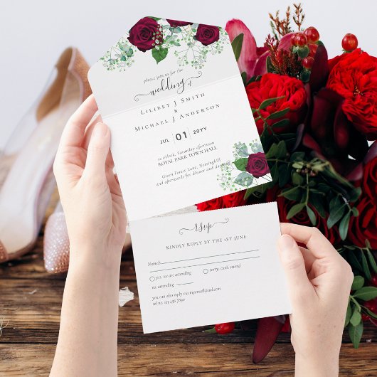 All Inclusive Deep Red Roses Bruiloft RSVP All In One Uitnodiging